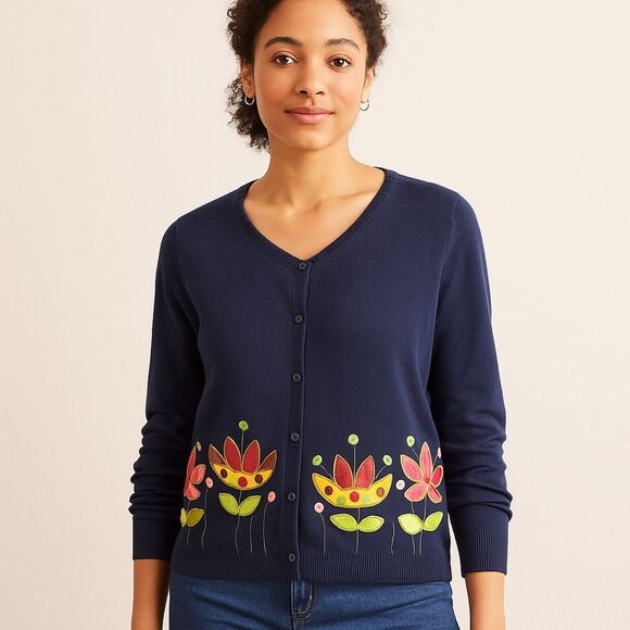 BODEN Navy Blue Floral Embroidered Cotton Cashmere Button-Front Cardigan Sweater - Picture 1 of 7